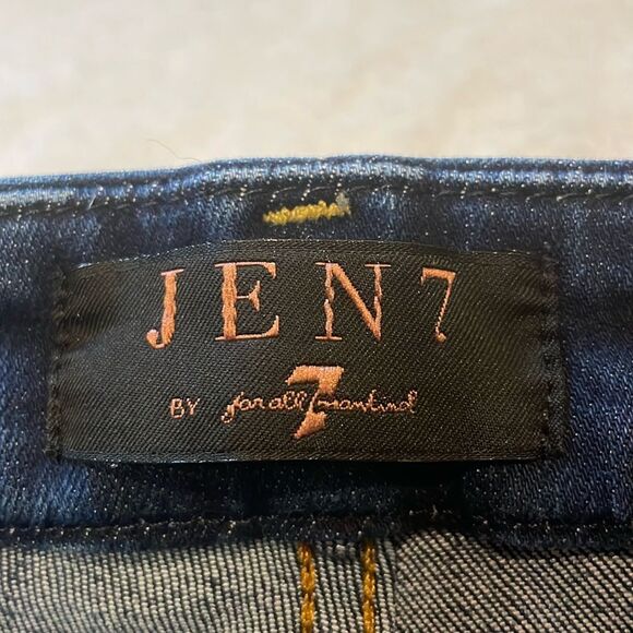 7 For All Mankind- Jen 7 Embellished Hem Straight Crop Jeans Dark Hudson Blue 4 - Picture 4 of 10